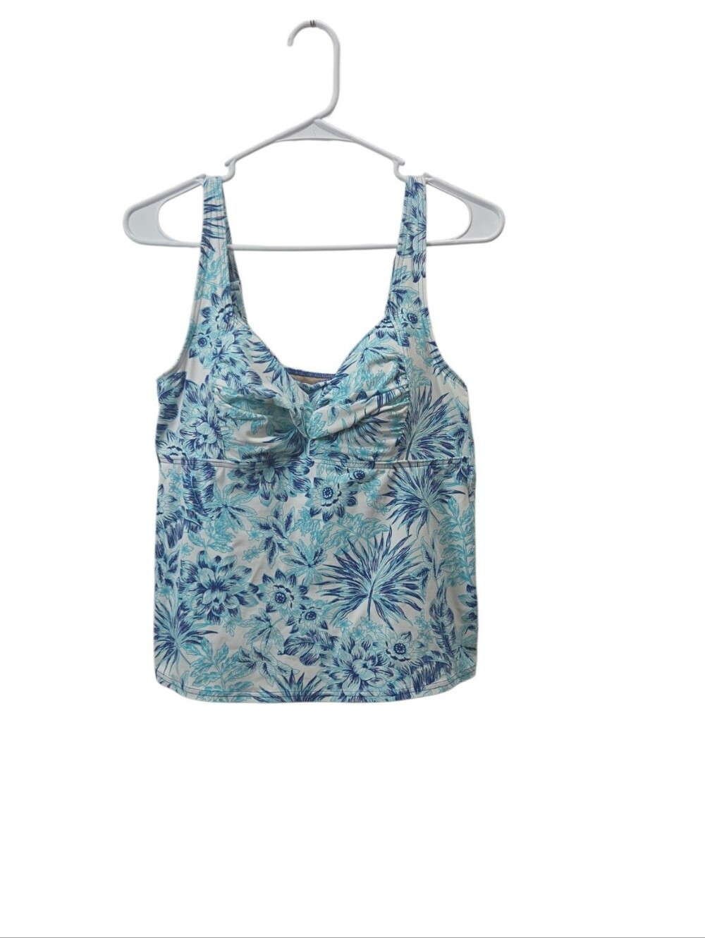 Lands' End Tankini Swim Top 10 Blue Tropical Floral Underwire Shelf Bra Tummy